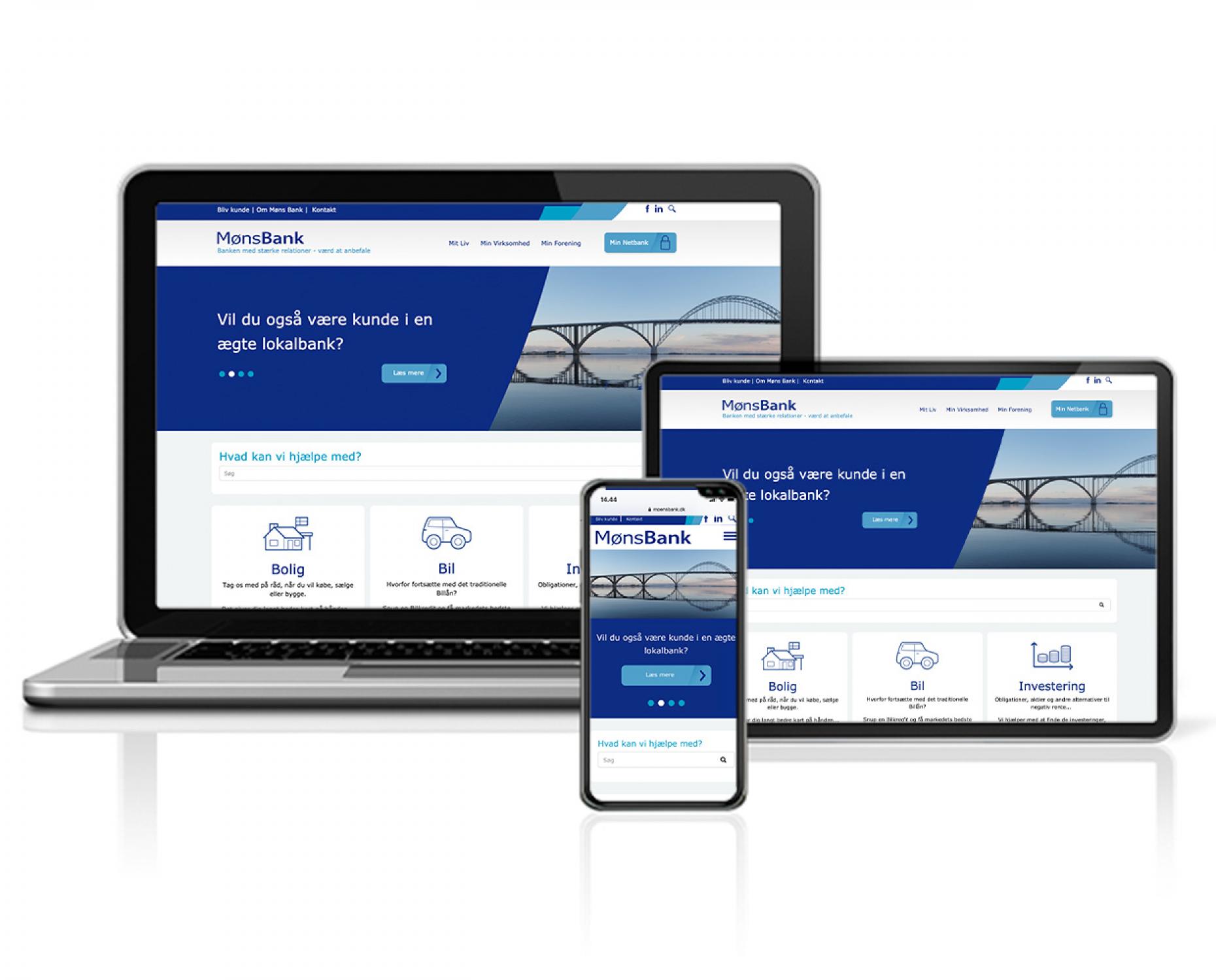 Billede af MønsBanks hjemmeside på en bærbar, tablet og mobil.