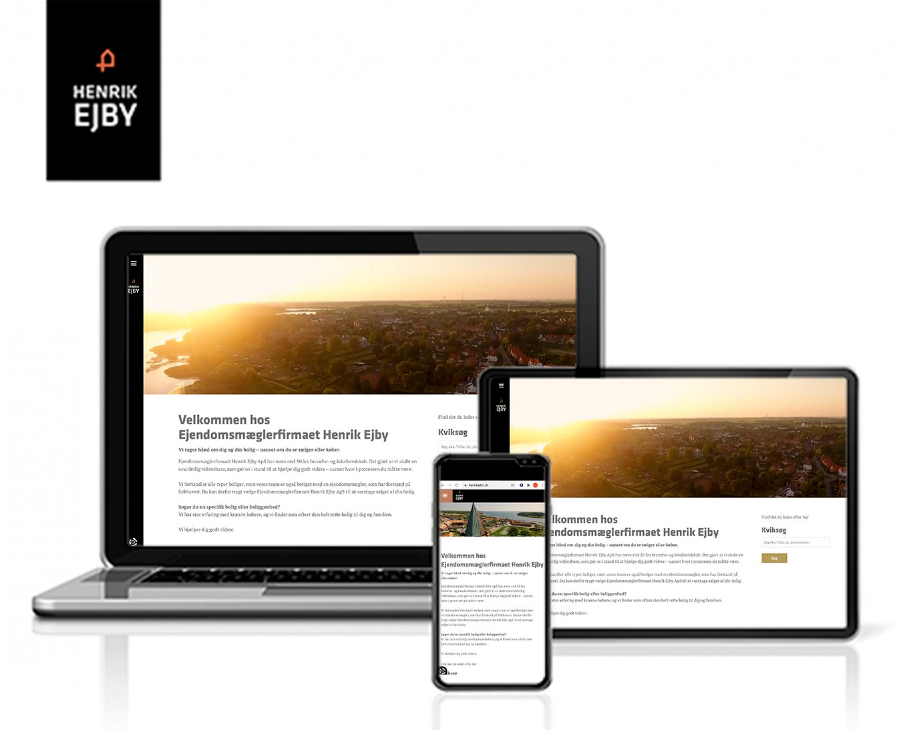 Henrik Ejbys hjemmeside set på en bærbar, tablet og mobil.