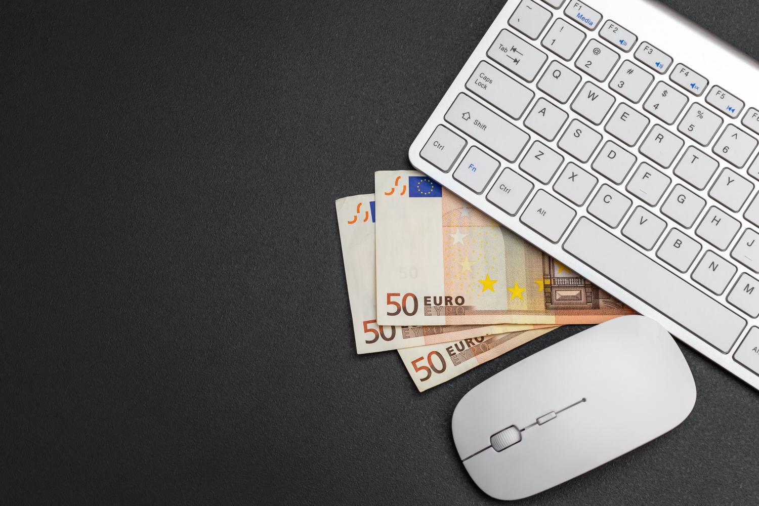 Billeder af tastatur. mus og nogle euro sedler.
