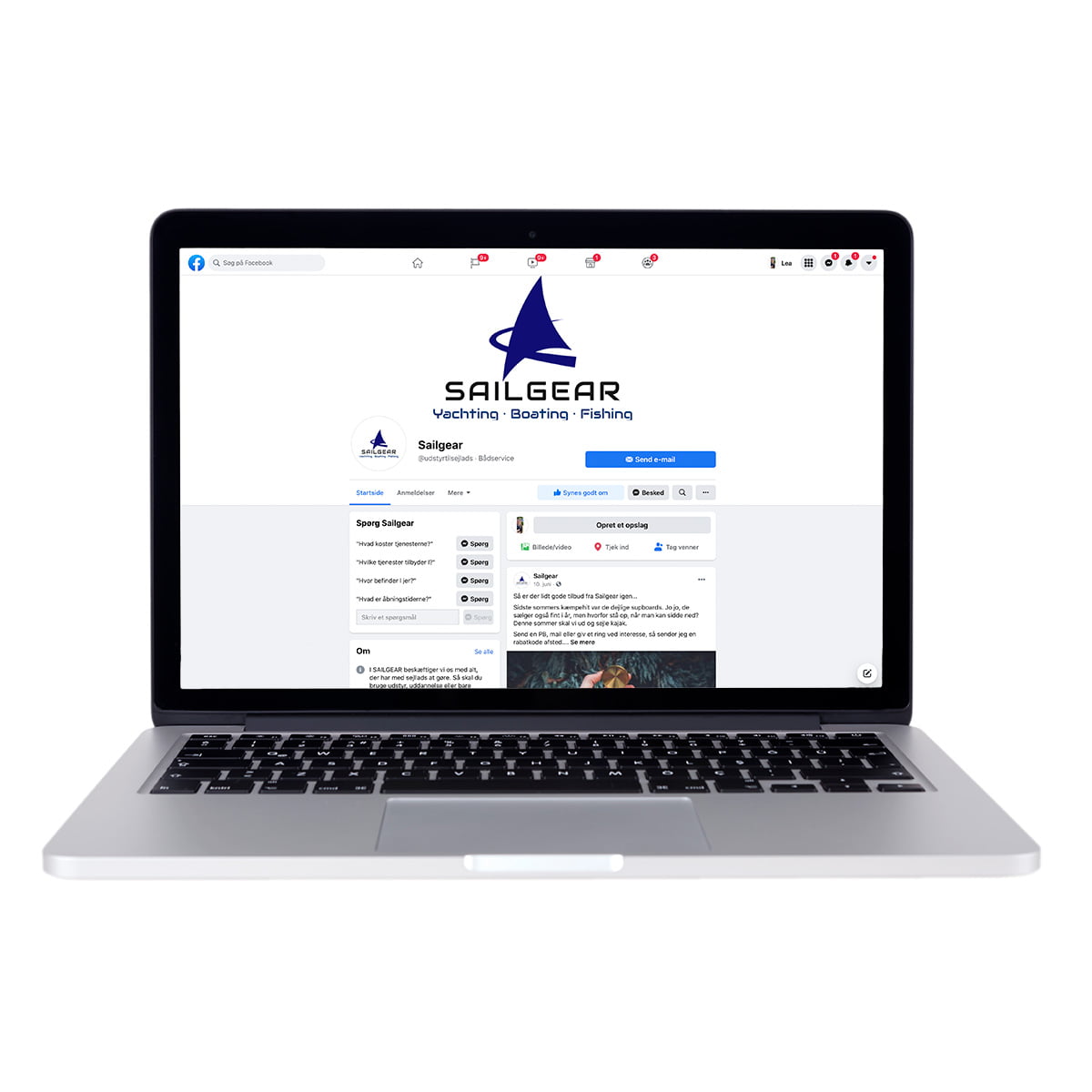 Billede af Sailgears Facebook side på en bærbar computer.