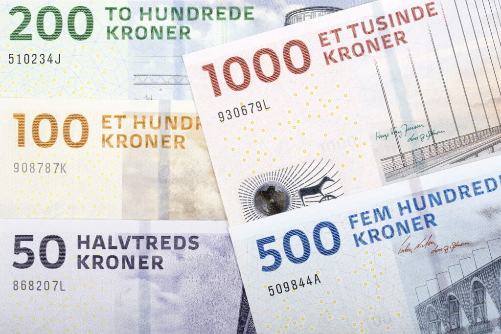 Danske pengesedler i denomination 50, 100, 200, 500 og 1000